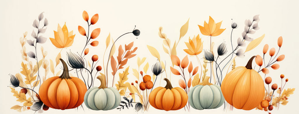 Watercolor illustration of orange and white pumpkins surrounded by autumn leaves and plants