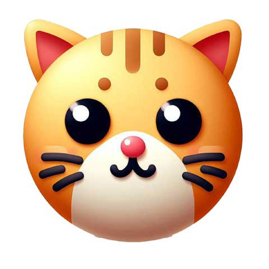 A smiling cartoon cat face with yellow eyes and orange fur.