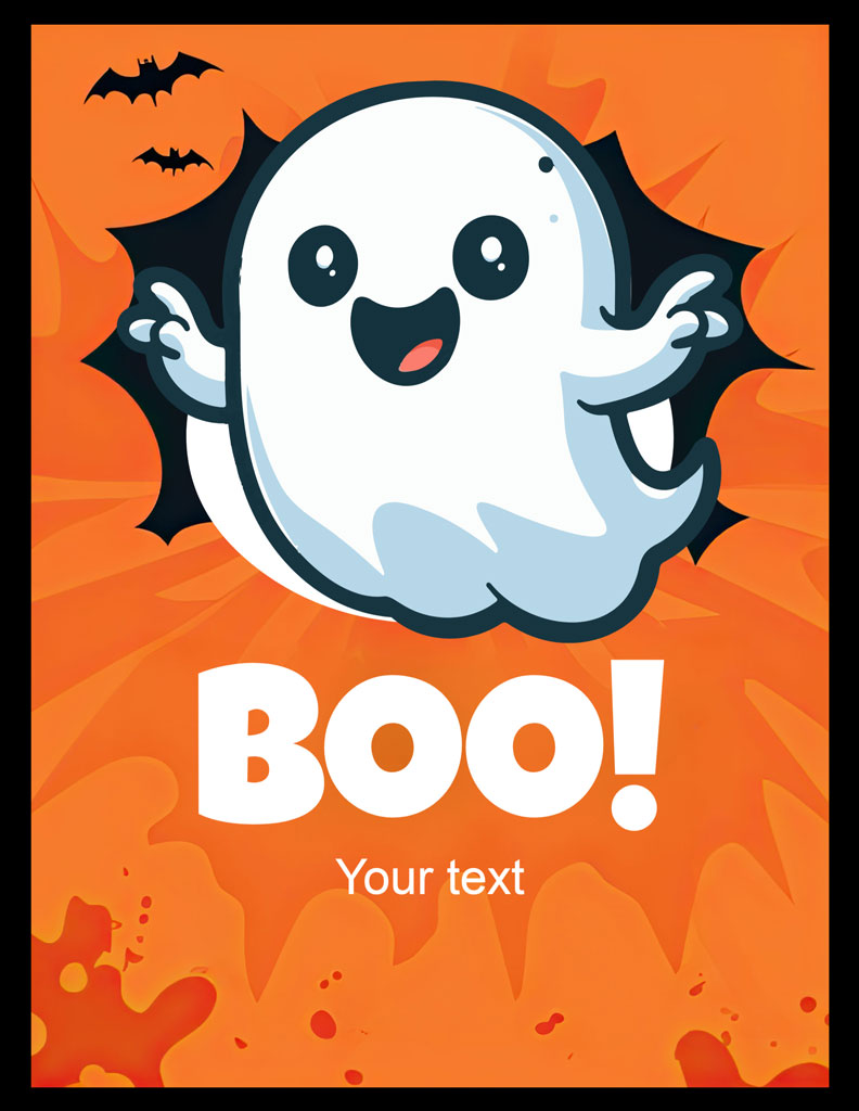 A cartoon ghost with a friendly expression on an orange background.