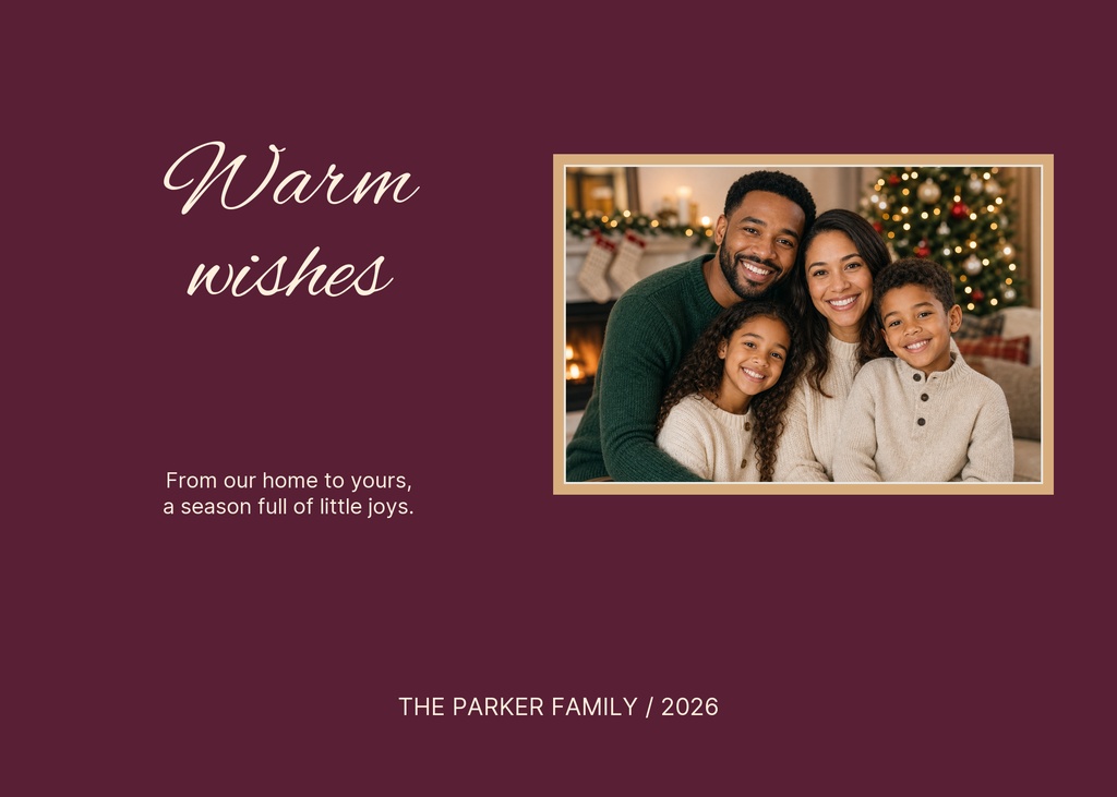 Landscape holiday card with warm wishes text and a family photo on a burgundy background.