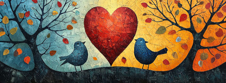 Two birds facing a large red heart between colorful autumn trees
