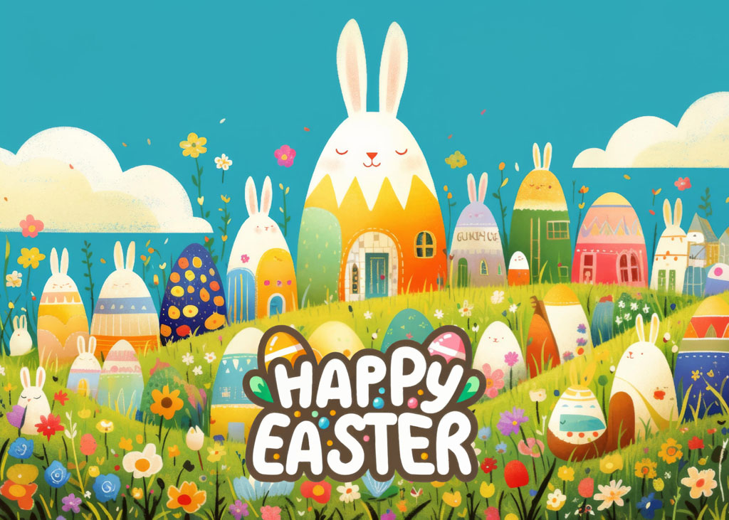 Illustration of Easter bunnies and eggs in a colorful village surrounded by flowers