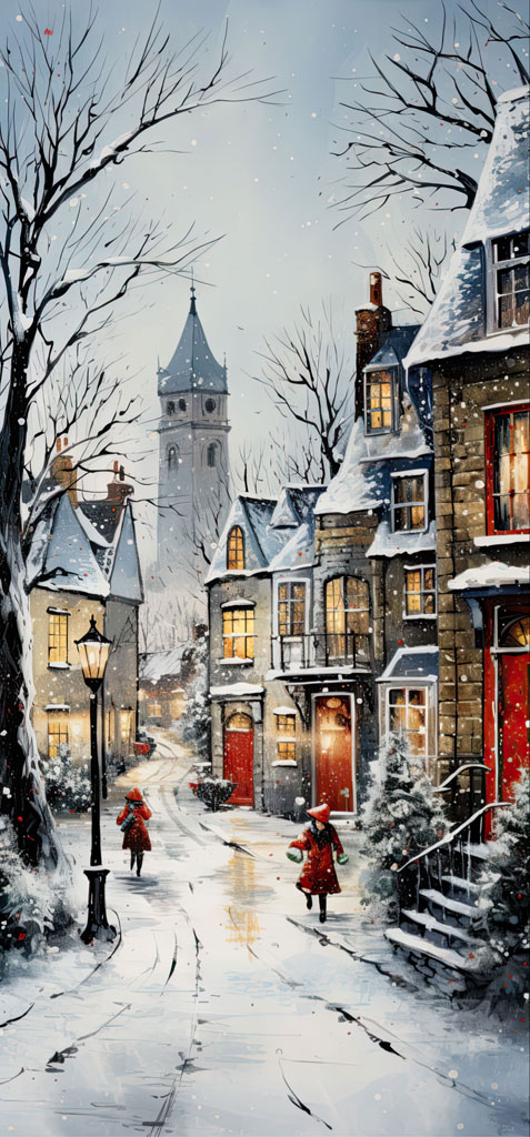 Children in red coats playing on a snowy village street with houses and a church tower in the background.
