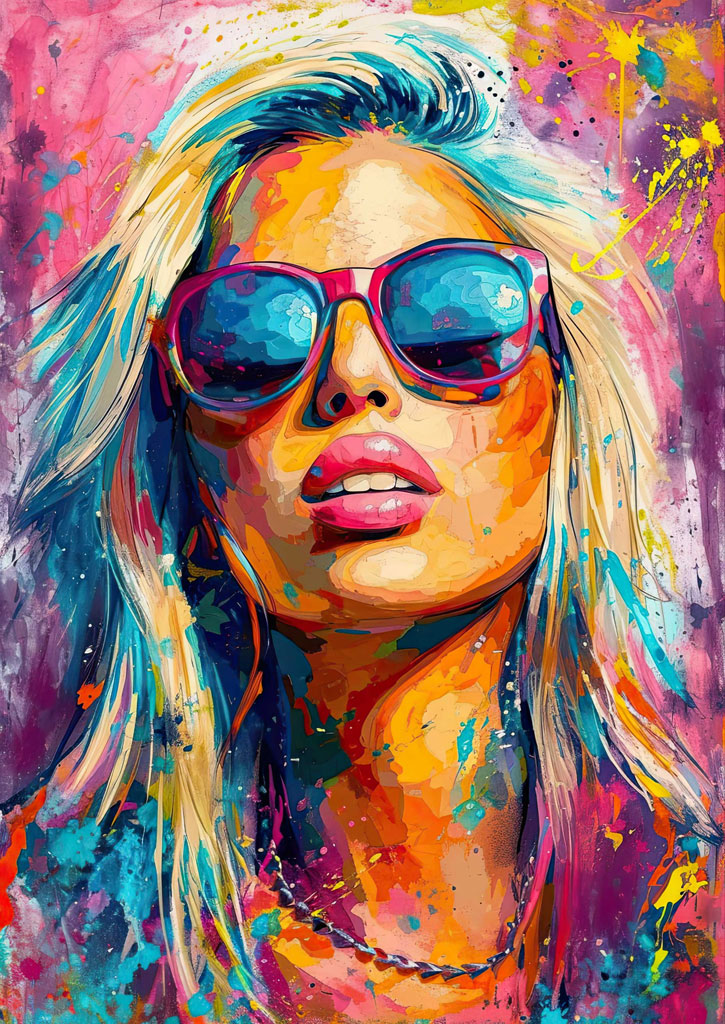 A painting of a blonde woman wearing sunglasses with a colorful and abstract background.