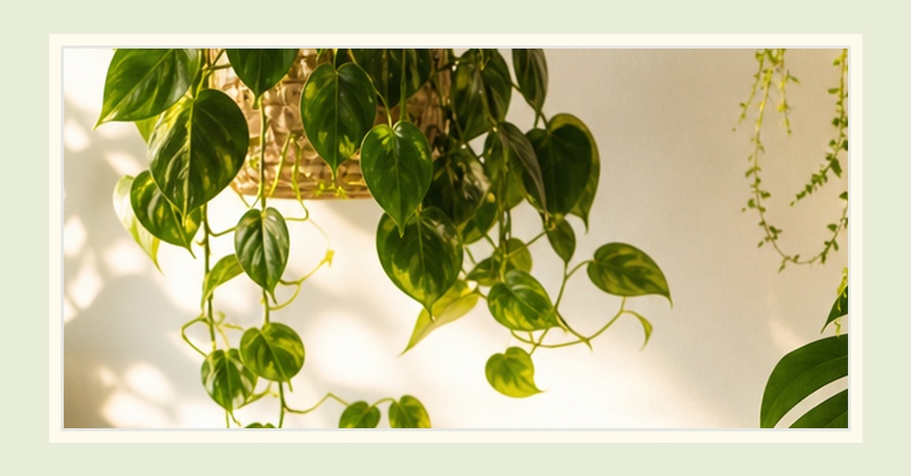 Hanging green houseplant leaves over a soft light background with a pale border.