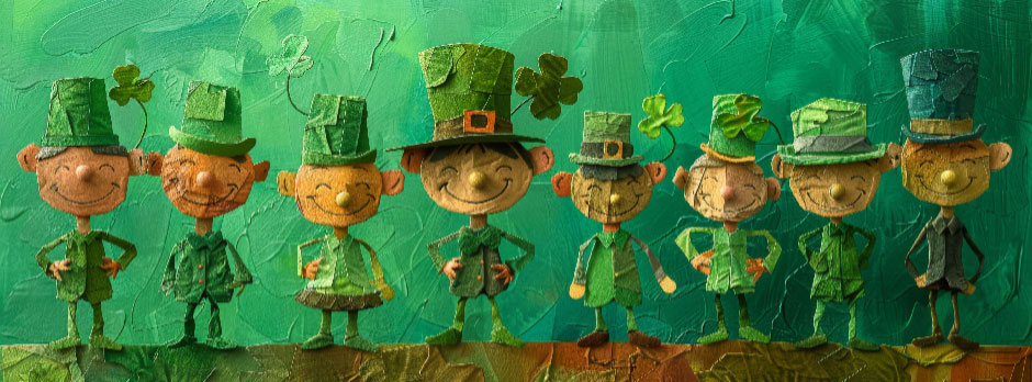 Row of cartoon leprechauns wearing green hats and outfits against a green background