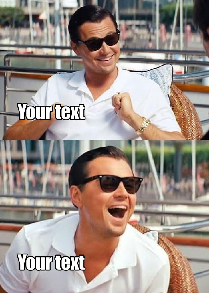 Leonardo DiCaprio laughing and smiling in a meme template