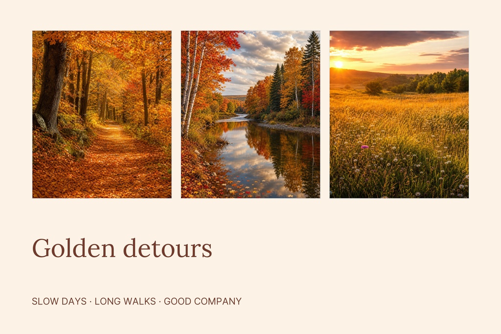 Three autumn landscape photos arranged in a collage with the title Golden detours below.