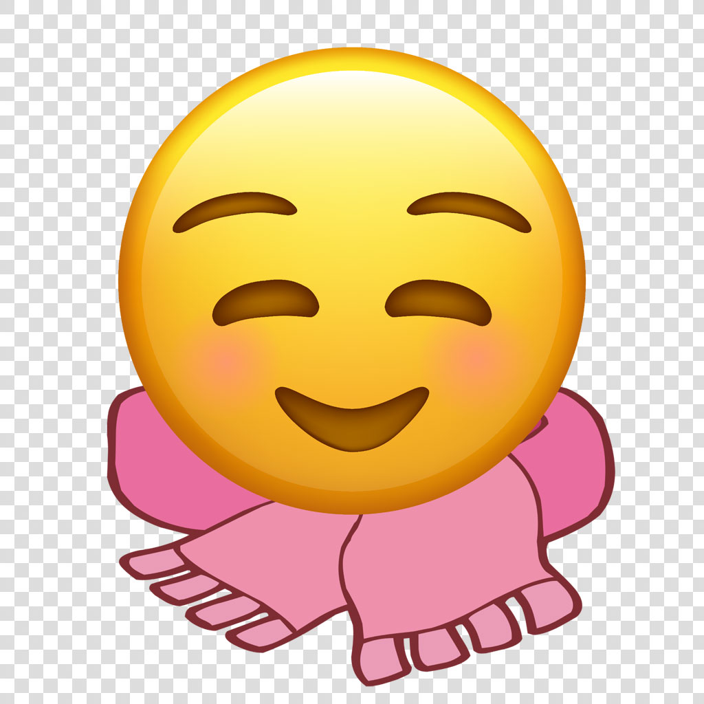 A yellow emoji with a smile and closed eyes, wrapped in a pink scarf.