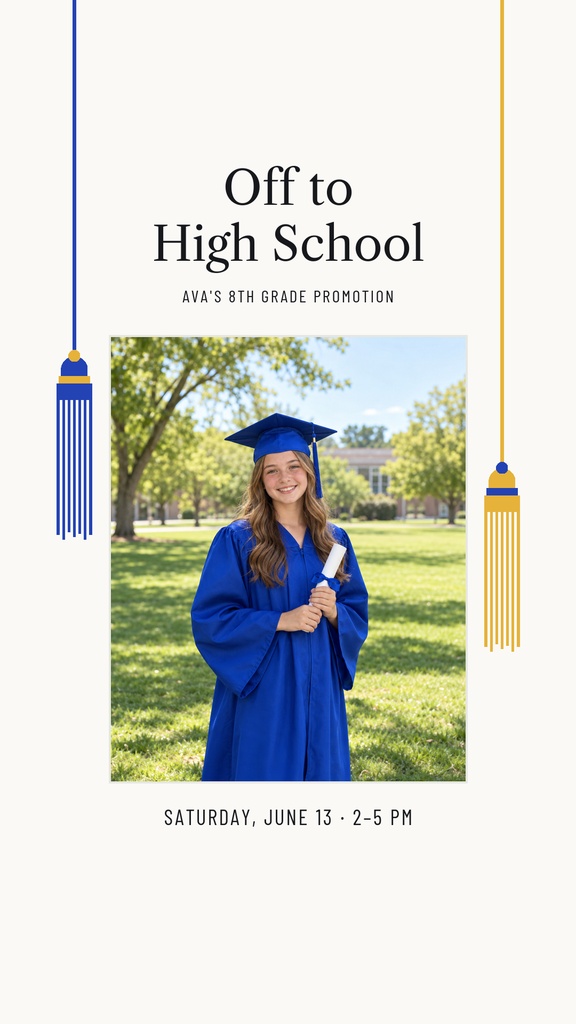 Portrait graduation story template with a student in a blue cap and gown outdoors.