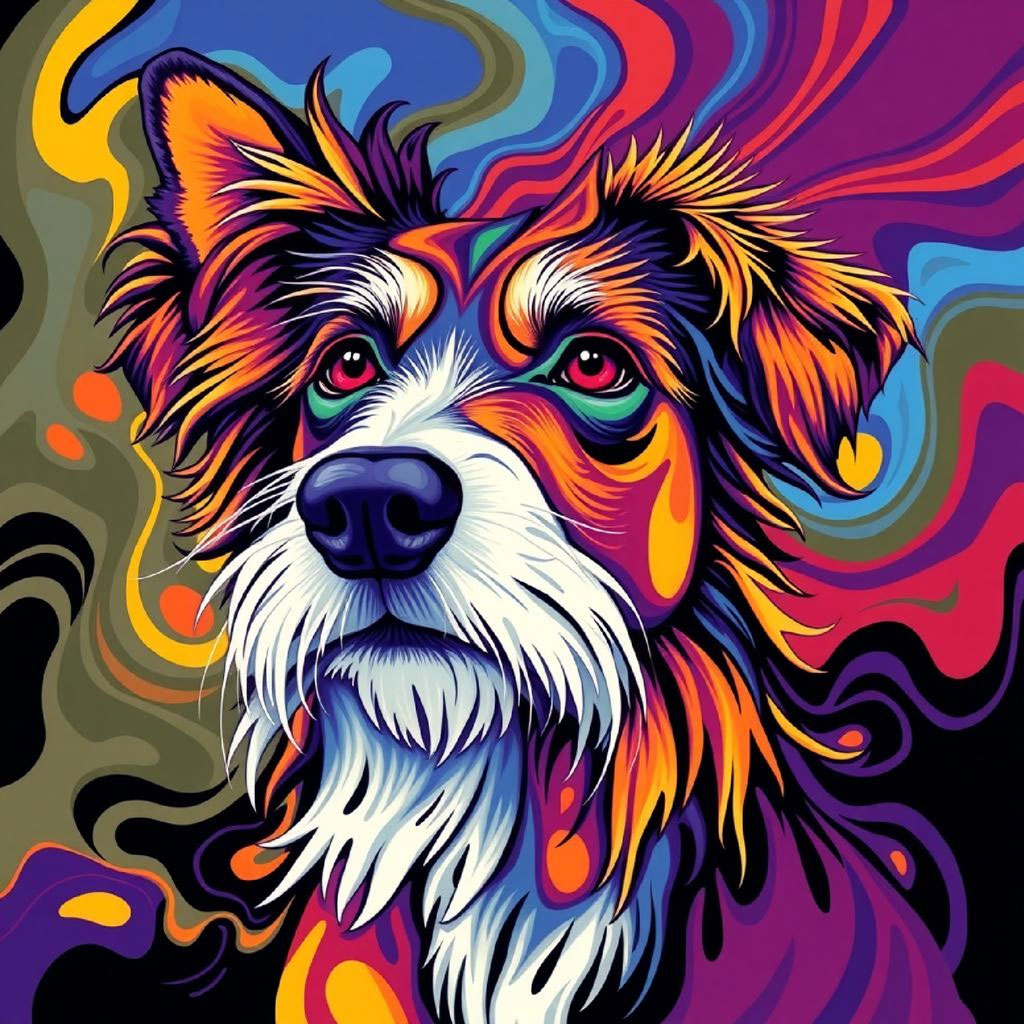 A stylized illustration of a woman's face with blue eyes and flowing hair amidst swirling colorful patterns.