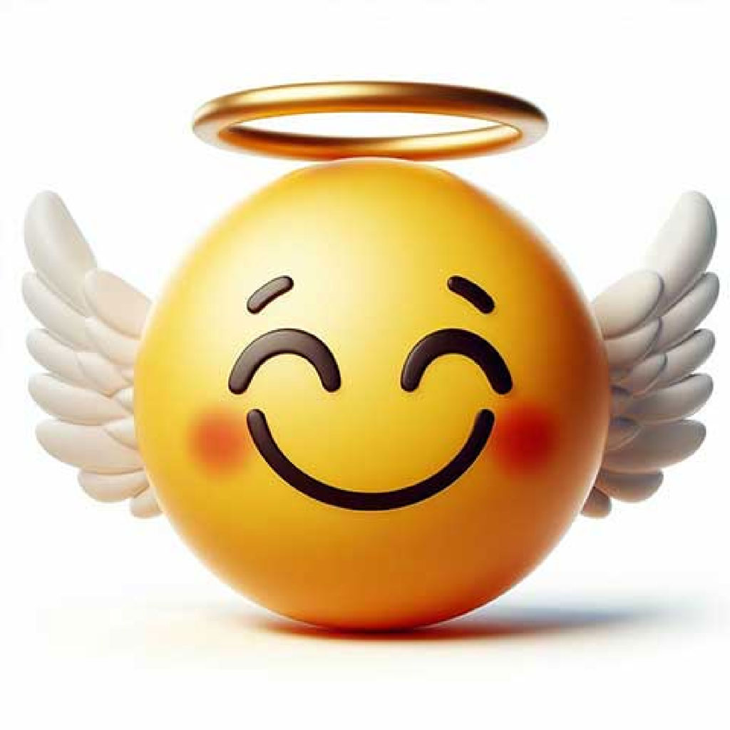 A yellow emoji with a smiling face, angel wings, and a golden halo.