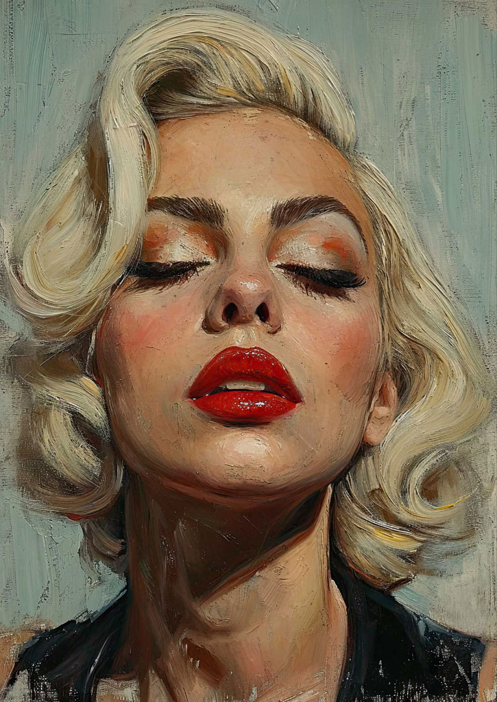 Painting of a blonde woman with her eyes closed and red lips