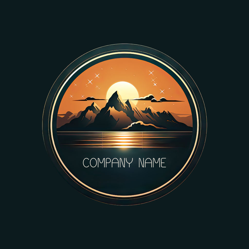 A circular logo template with a mountain range and sunset design