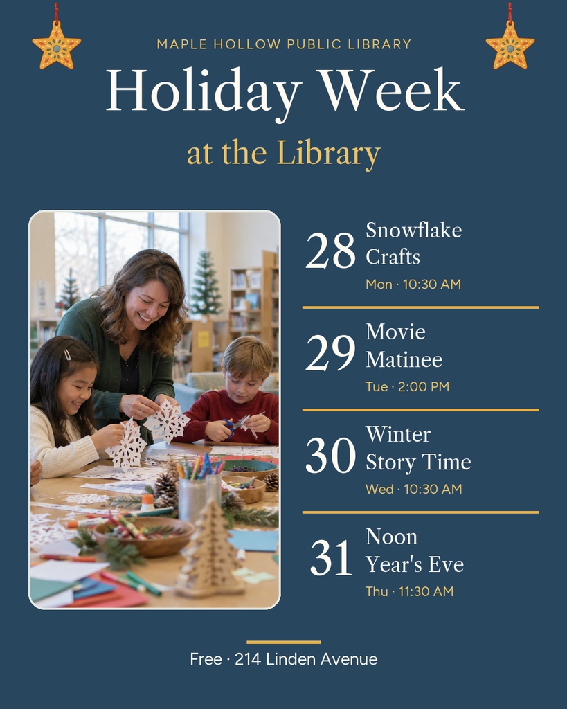 Portrait flyer for Holiday Week at the Library with four event listings and a photo of children crafting.