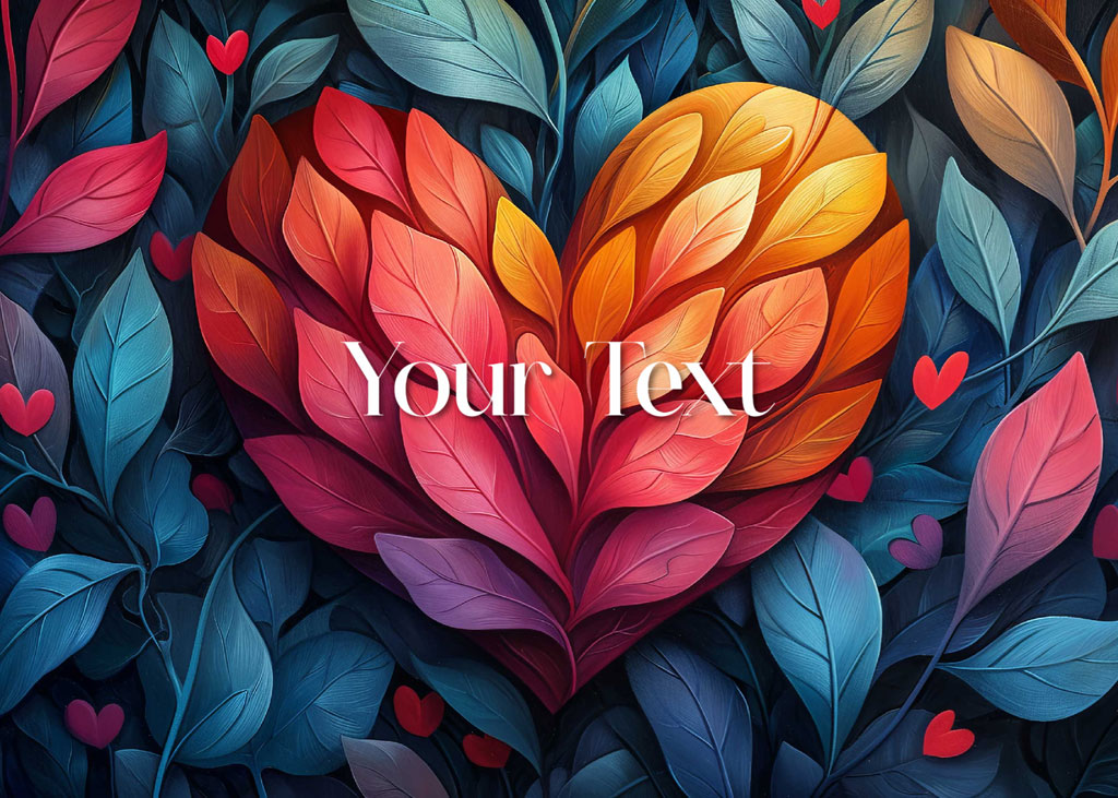 A heart-shaped arrangement of leaves in shades of red, orange, and pink, amidst blue-green leaves and small red hearts.