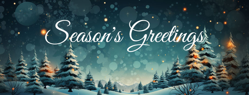 Season's Greetings winter landscape with snow-covered trees and a starry sky