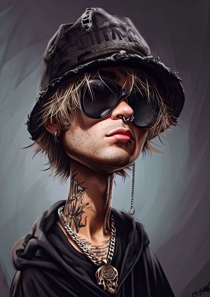 A close-up portrait of a young man with a black bucket hat, sunglasses, and multiple necklaces.