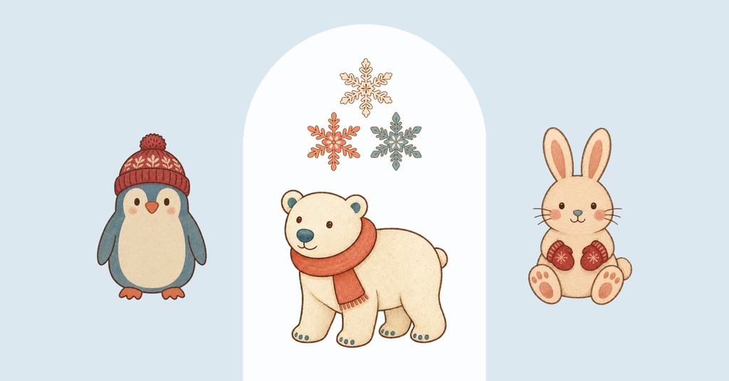 Cute winter animals on a pale blue and white baby shower cover template.