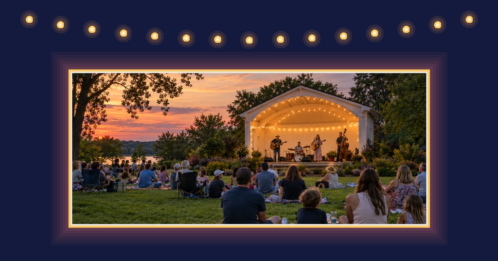 Outdoor evening concert with a lit stage, seated crowd, and sunset sky in a landscape frame.