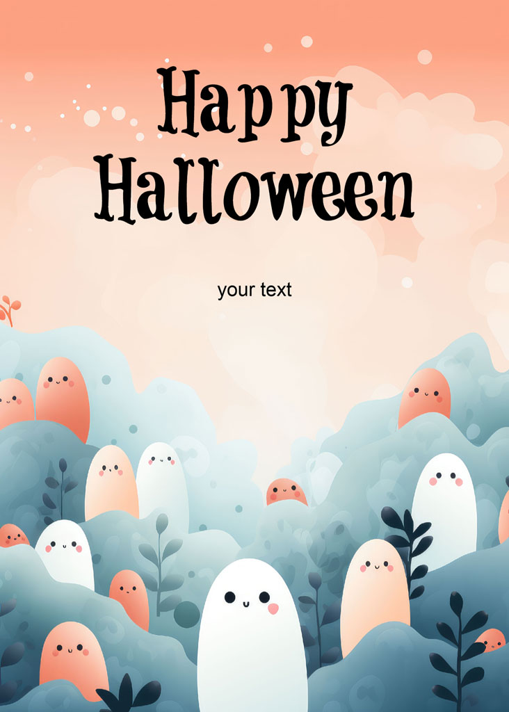 Cartoon ghosts in a field with Happy Halloween text