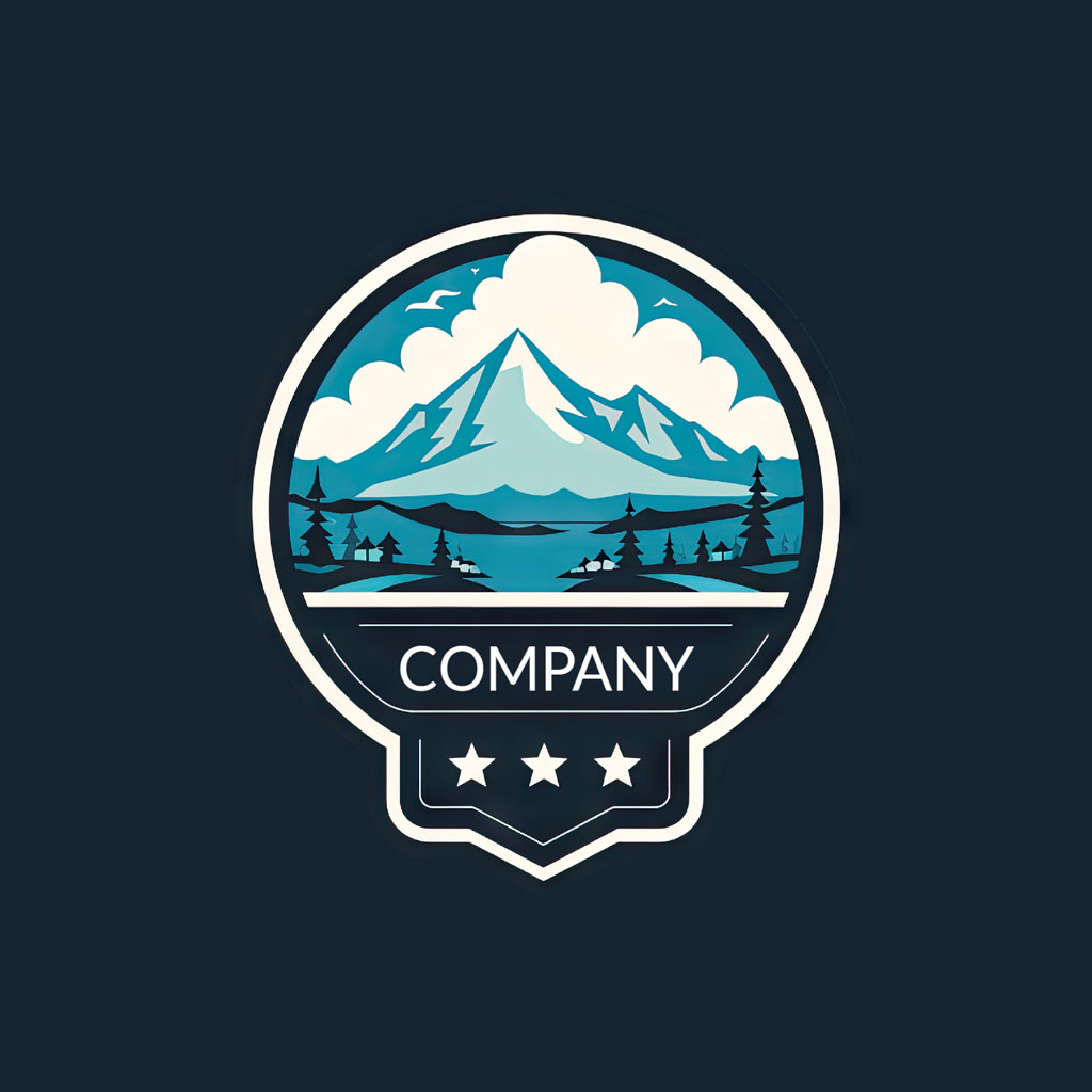 Company logo with a mountain and lake scene