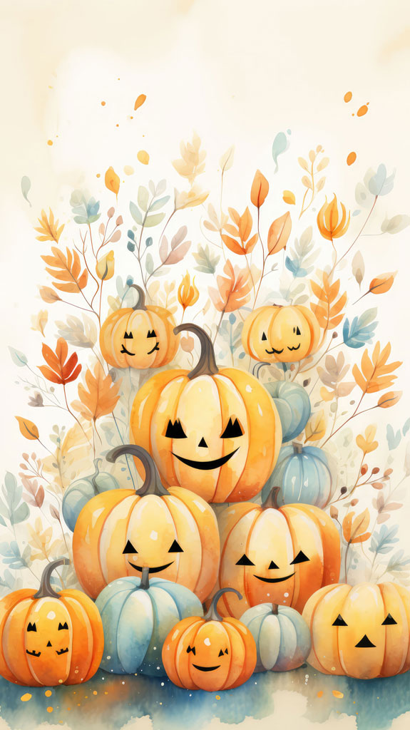 Watercolor illustration of smiling pumpkins and autumn leaves