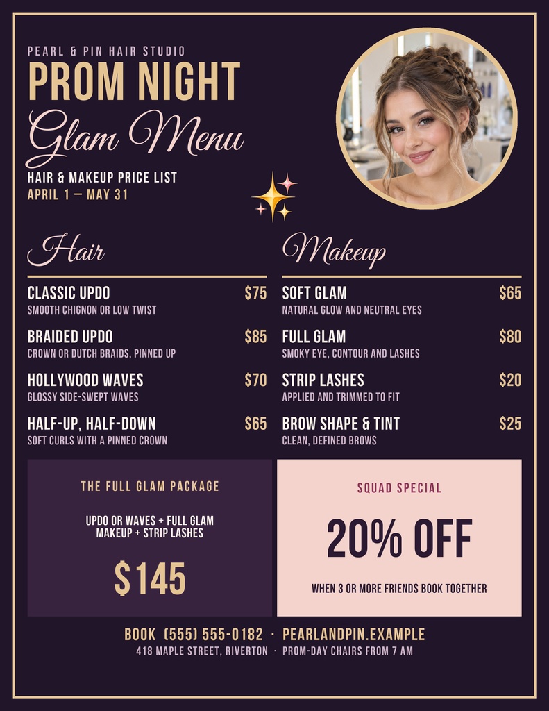 Portrait salon price list template with prom night hair and makeup services and discount boxes