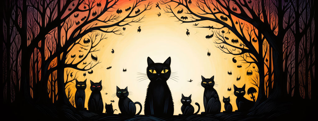 Silhouettes of cats in a forest with bare trees and a full moon