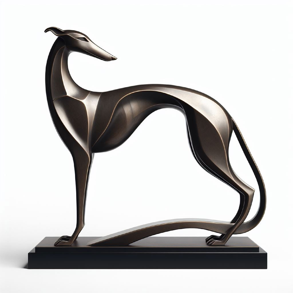 A dark bronze greyhound sculpture on a black base