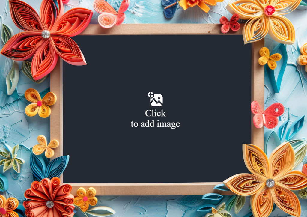 A wooden frame with a black center, surrounded by colorful paper quilling flowers and leaves.