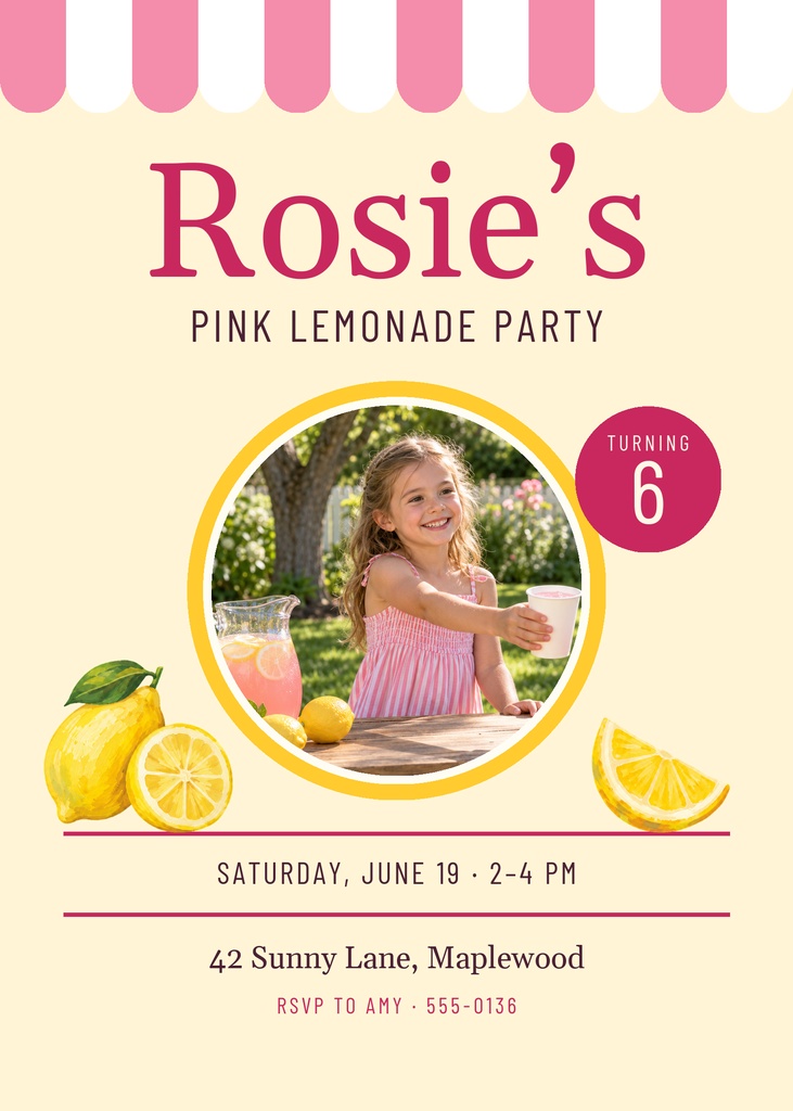 Preview for Pink Lemonade Party At Six 5 × 7 Invitation Template