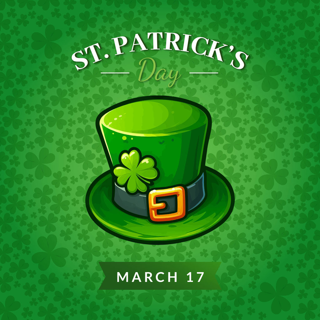 St. Patrick's Day graphic featuring a green top hat with a shamrock and gold buckle