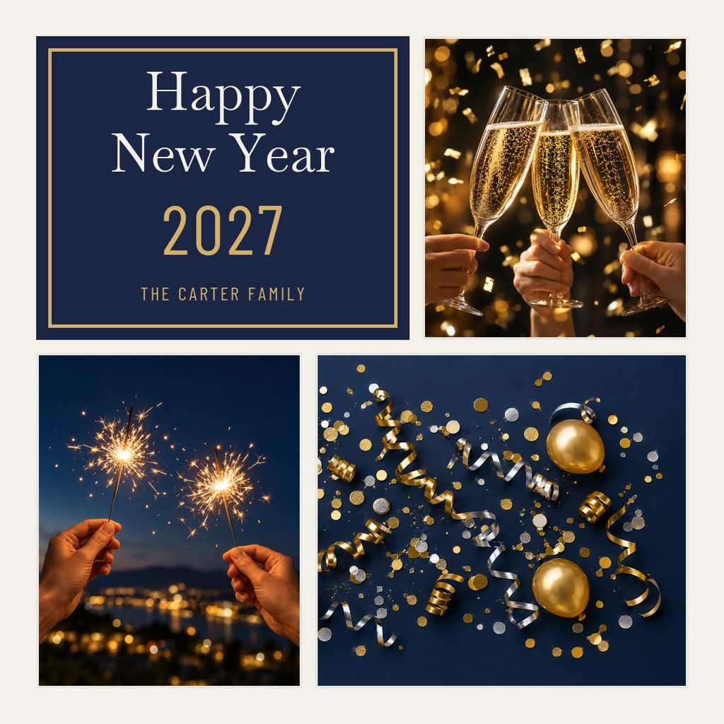 Square New Year card with gold framed text and three festive celebration photos