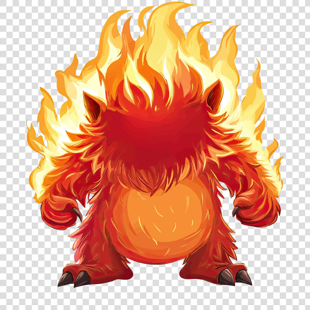 Cartoon creature with a fluffy red body and large flames surrounding its head and arms