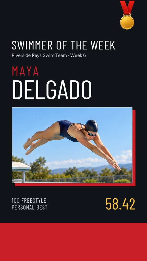 Swimmer of the Week Instagram story template with swimmer photo, medal icon, and bold text.