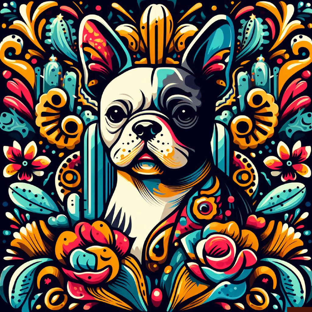 A vibrant, stylized illustration of a French Bulldog's head amidst colorful flowers and abstract designs