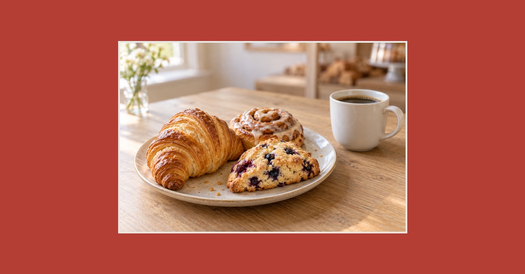 Plate of pastries and a cup of coffee on a wooden table with a warm background.