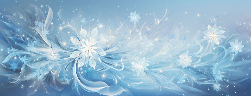 Digital illustration of snowflakes falling in a blue-toned winter scene