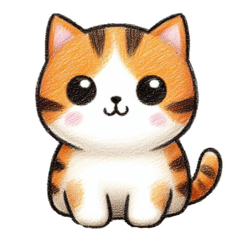 A cartoon cat with a multicolored body and pink accents on its ears and cheeks.