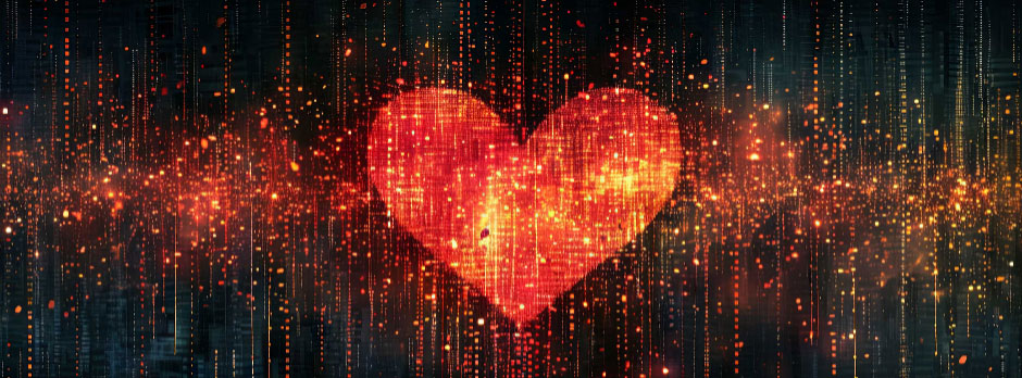A red heart made of small digital particles with sparks around it.