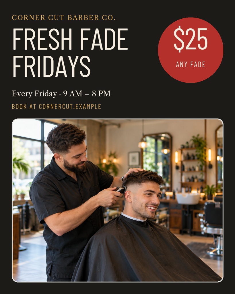 Barber giving a fade haircut to a client in a modern barbershop portrait post template.