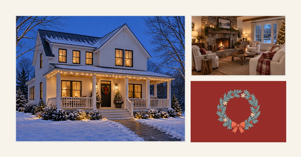 Snowy house exterior, cozy living room, and holiday wreath graphic in a three-panel layout