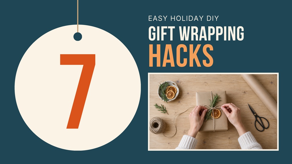 YouTube thumbnail design with a large number seven and a gift wrapping photo on a dark teal background.