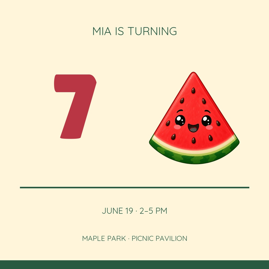 Square birthday template with the number seven and a smiling watermelon slice on a light background.