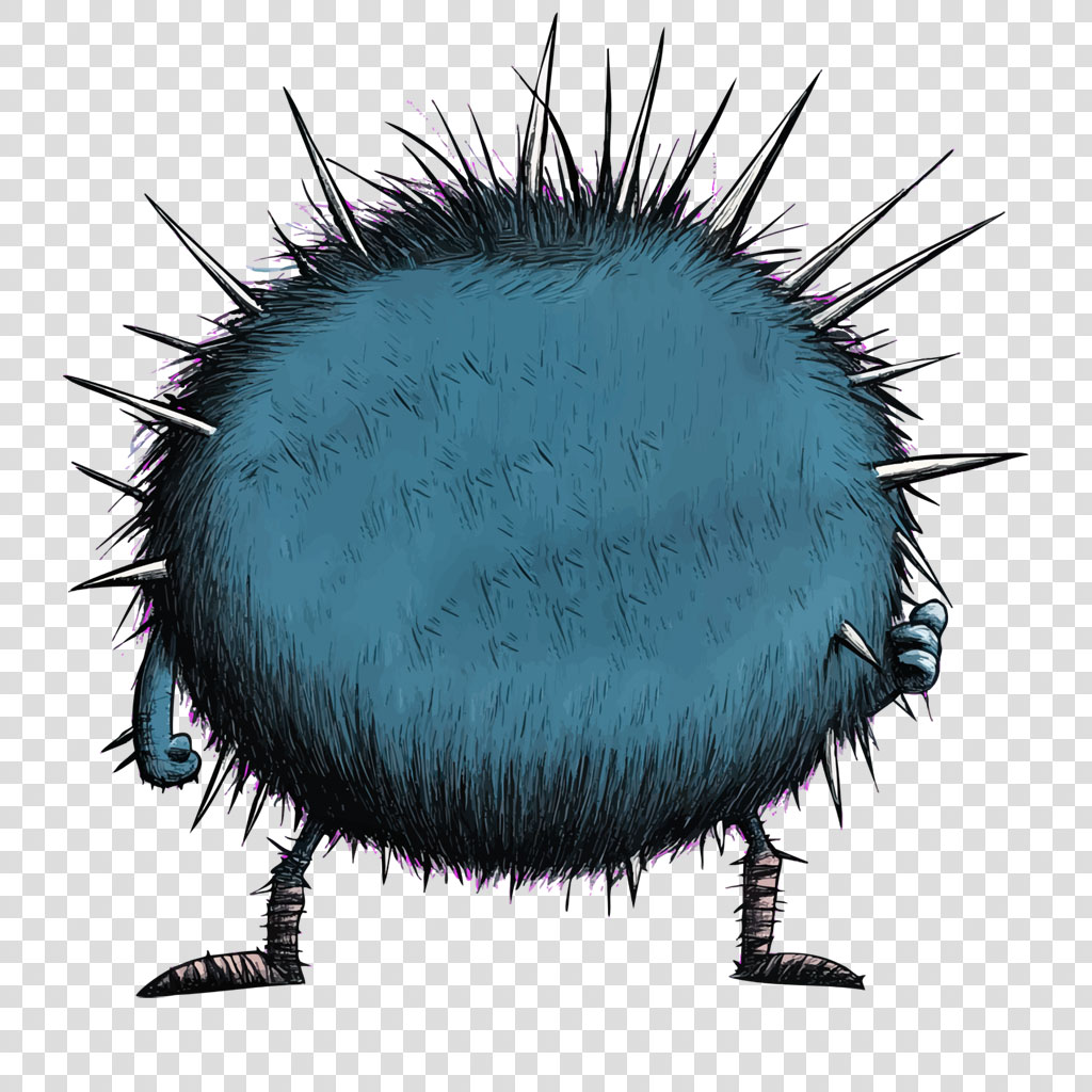 A blue, furry creature with sharp spikes and legs.
