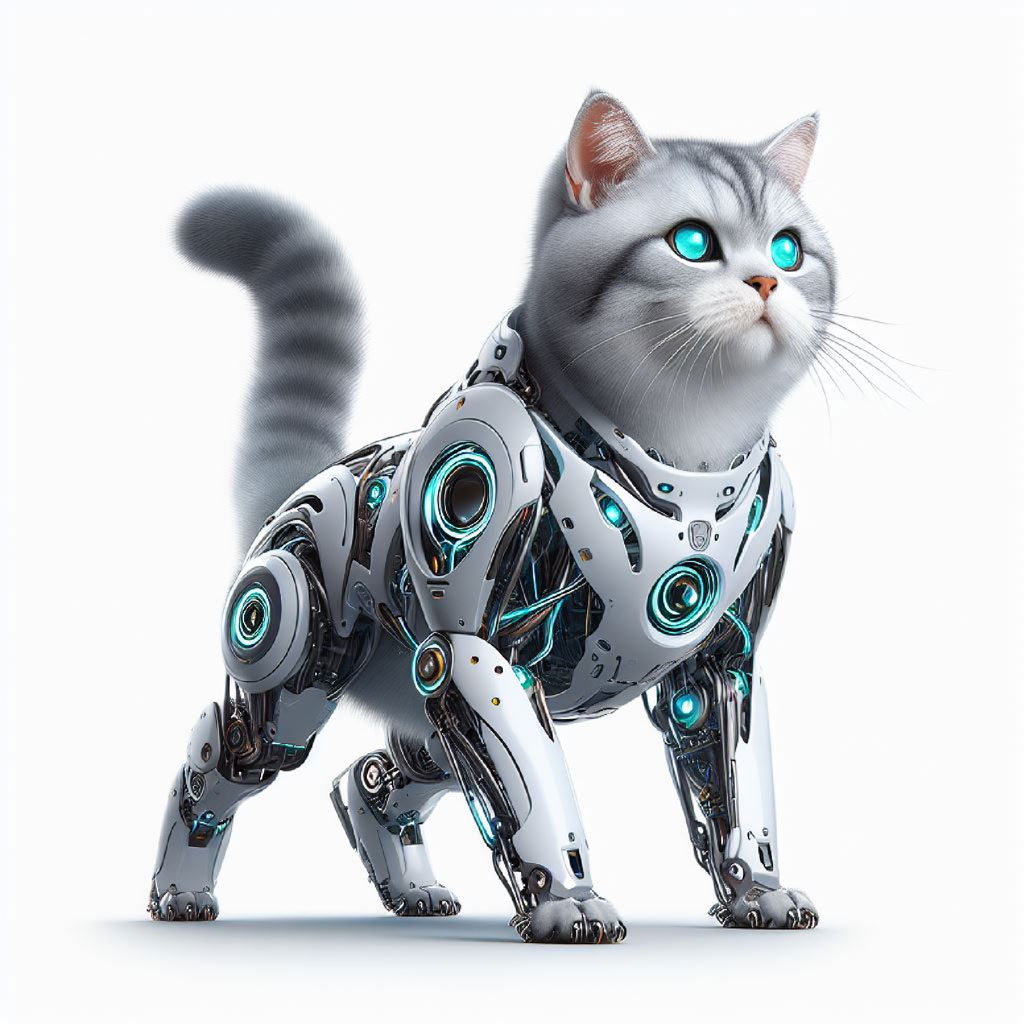 Illustration of a futuristic cat with blue eyes and metallic body parts