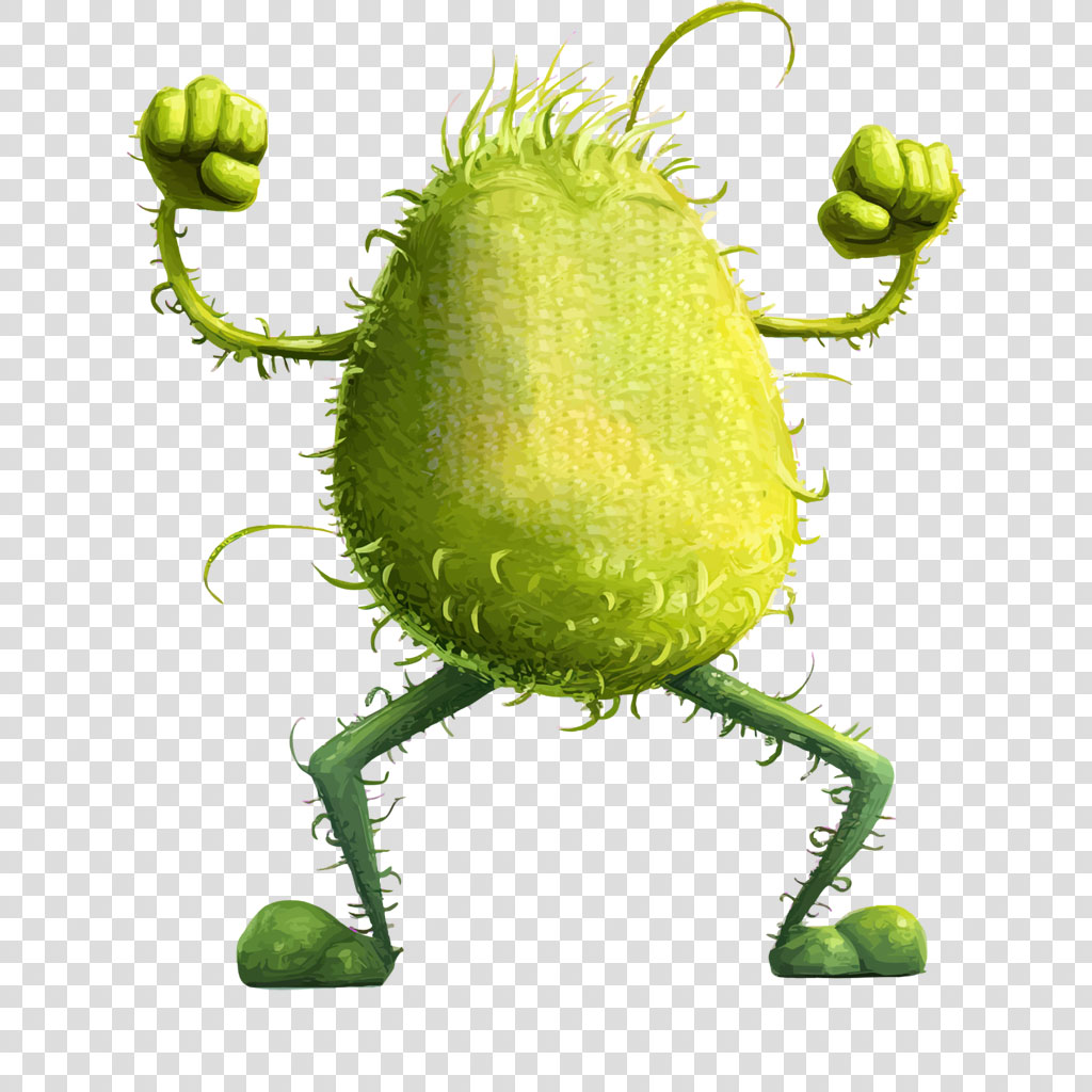 A cartoon character with a green, spiky body and raised fists.