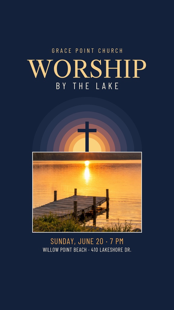 Instagram story template with a church cross, lake sunset, and wooden dock.
