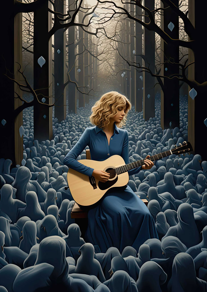 Illustration of a blonde woman in blue dress playing guitar in a forest filled with dark silhouettes